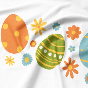 Zbliżenie na wzór z pomarańczową i zieloną pisanką oraz małymi niebieskimi i żółtymi kwiatuszkami