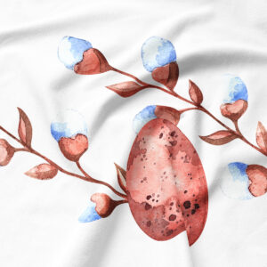 Zbliżenie na akwarelowe jajo i detale brązowych gałązek nadrukowane na tkaninie podkładki