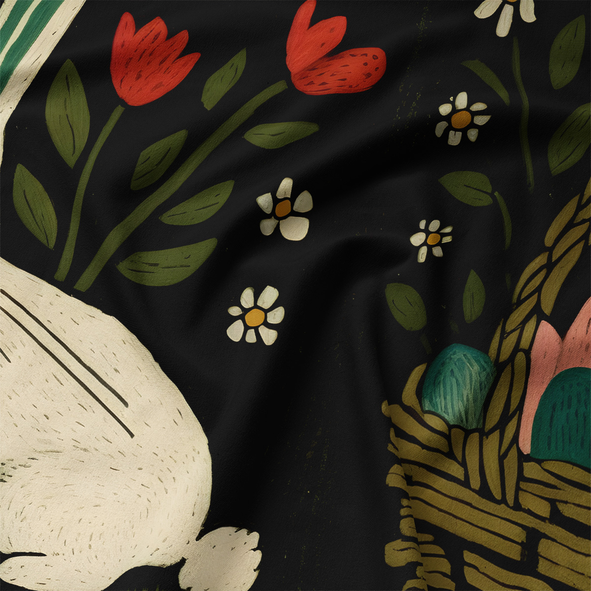 Zbliżenie na fakturę tkaniny i detal ilustracji: koszyk z pisankami, drobne kwiaty i liście