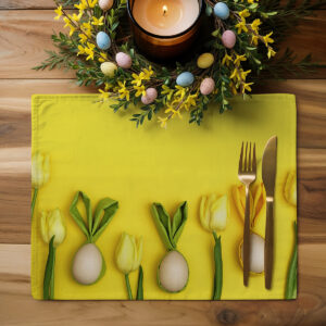 Aranżacja stołu z pojedynczą podkładką, sztućcami i wiosenną dekoracją z pisanek i świec