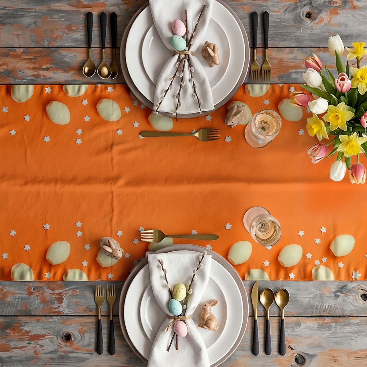 Aranżacja stołu ze świątecznymi talerzami, kwiatami i bieżnikiem w pomarańczowym kolorze