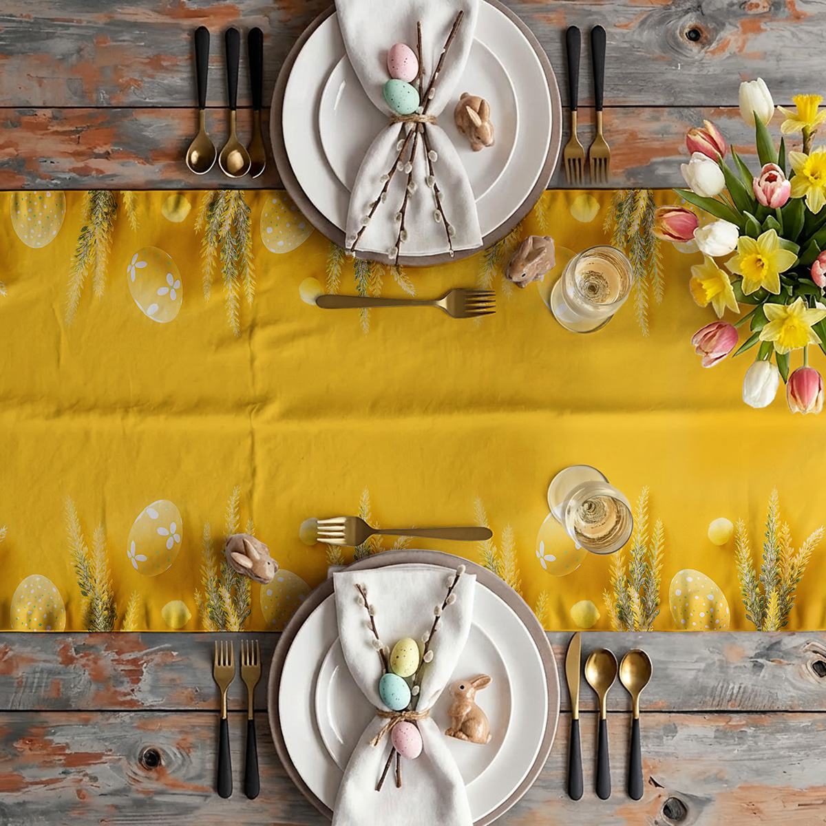 Aranżacja stołu z bieżnikiem, białą zastawą, złotymi sztućcami i bukietem tulipanów