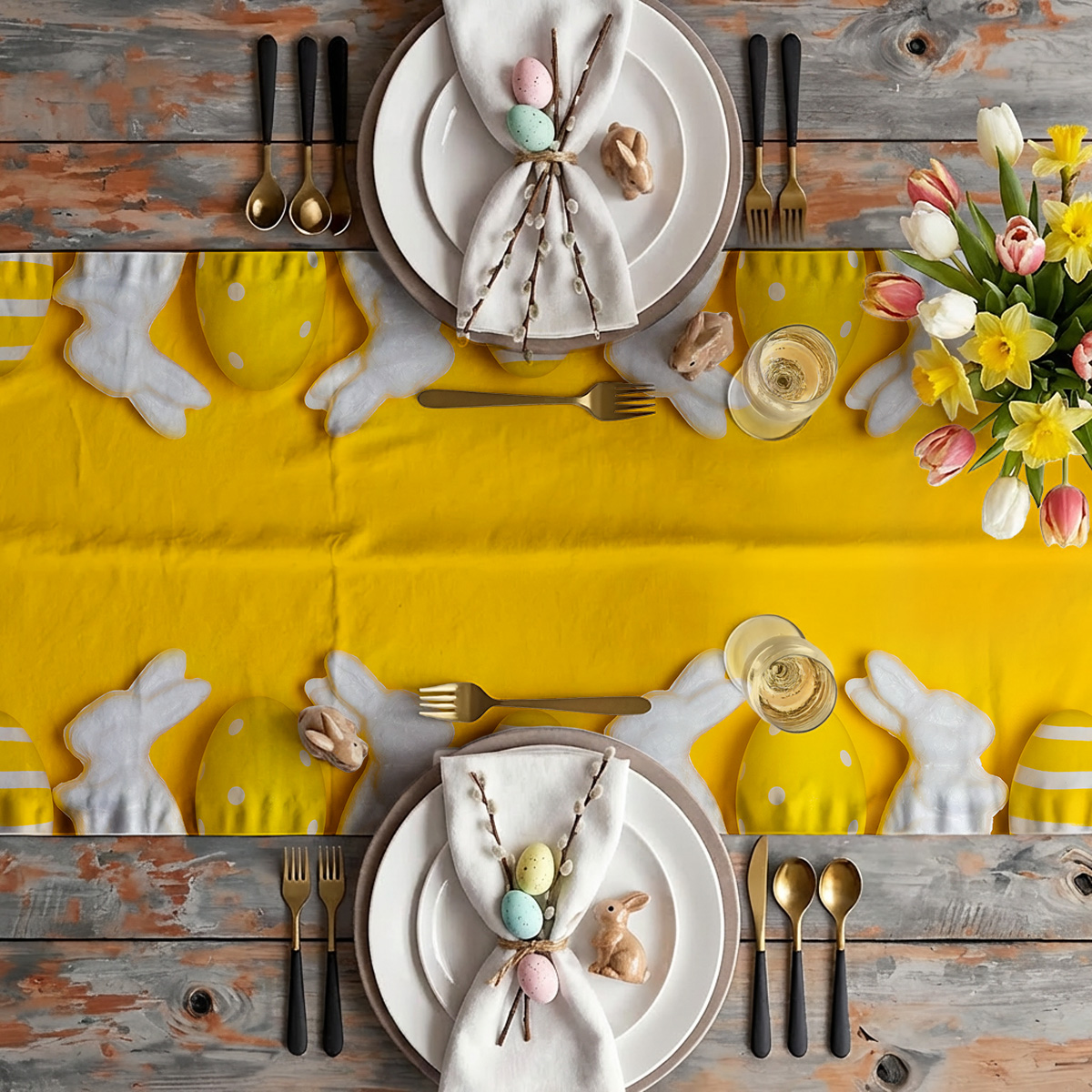 aranżacja stołu z talerzami, sztućcami i bukietem tulipanów na żółtym bieżniku z króliczkami i pisankami