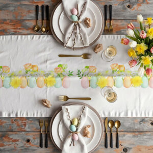 Aranżacja stołu ze świątecznymi talerzami, złotymi sztućcami i bieżnikiem z paskiem pastelowych jajek