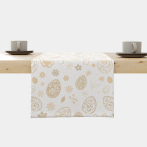 Bieżnik z kremowymi pisankami rozłożony na stole, widok produktu od przodu