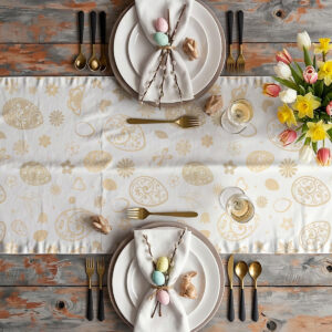 Aranżacja stołu z talerzami, serwetkami i bieżnikiem w kremowe wzory