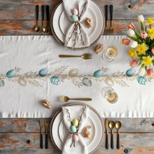 aranżacja stołu z bieżnikiem, zastawą, kwiatami i wiosennymi dekoracjami