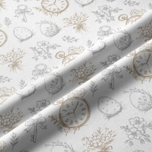 Zbliżenie na tkaninę z detalami wzoru: kieszonkowe zegarki, pisanki i drobne kwiaty