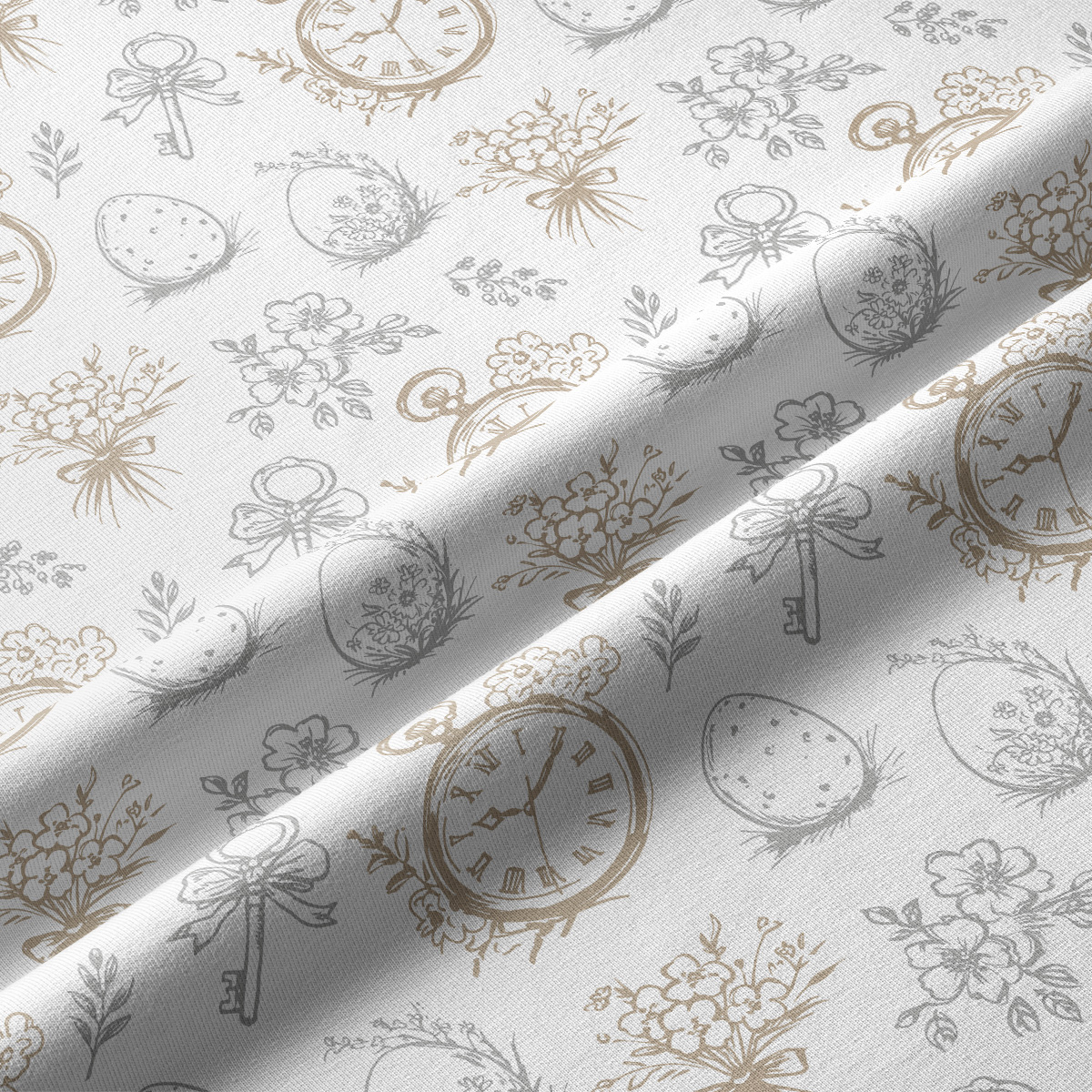 Zbliżenie na tkaninę z detalami wzoru: kieszonkowe zegarki, pisanki i drobne kwiaty