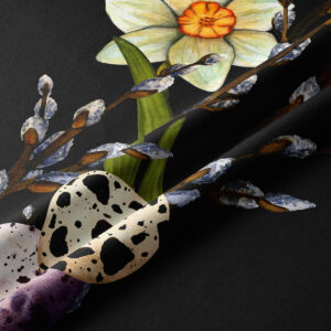 Zbliżenie tkaniny z malowanym żonkilami, bazimi i nakrapianymi pisankami na czarnym tle