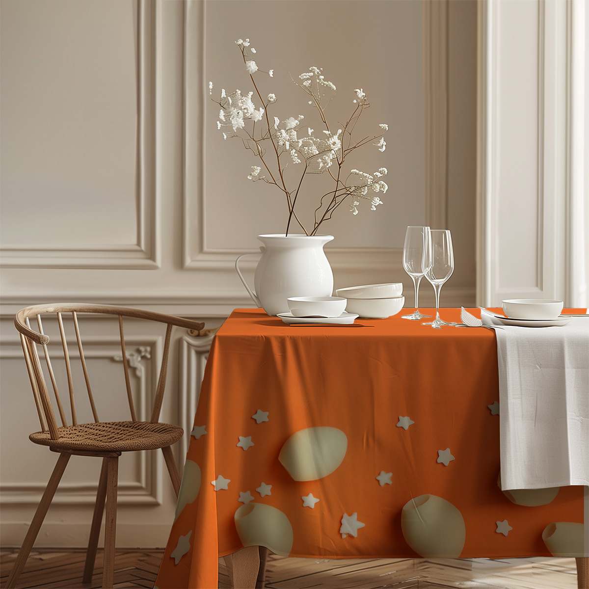 Eleganckie ustawienie stołu z gałązkami i białą zastawą na intensywnym pomarańczowym obrusie
