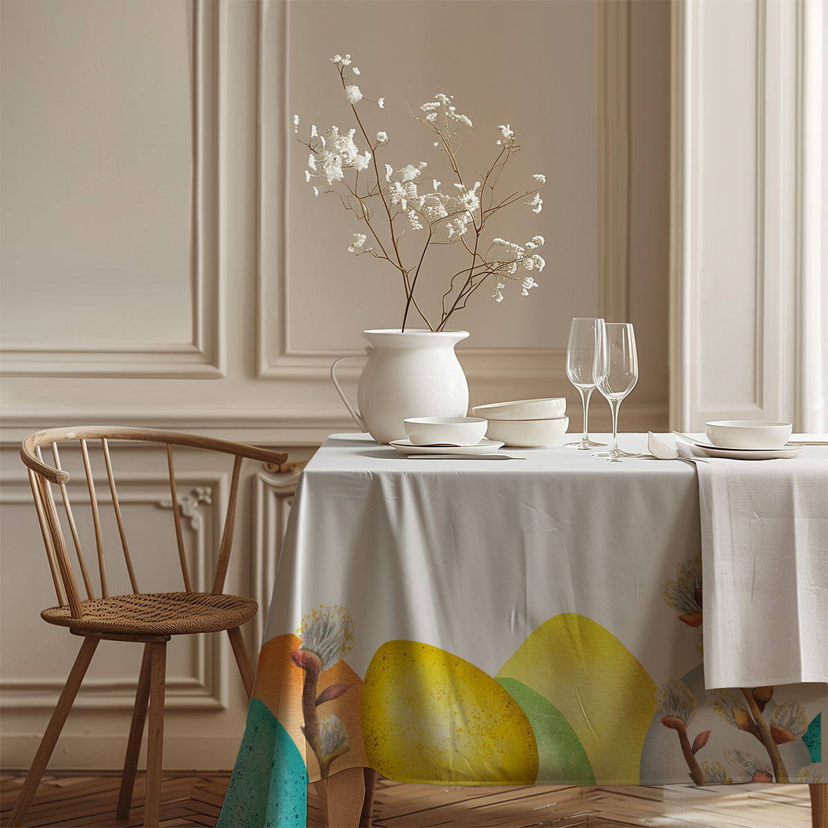 Róg obrusu pokazujący powtórzenie wzoru pisanek na brzegu i naturalne dodatki przy stole