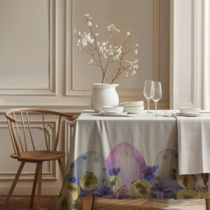 Róg stołu z widocznym pasem wzoru: pisanki, bazie i subtelne kwiaty na jasnym tle