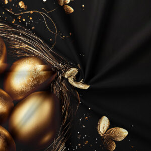 zbliżenie na nadruk z metalicznymi złotymi jajkami i delikatnymi liśćmi