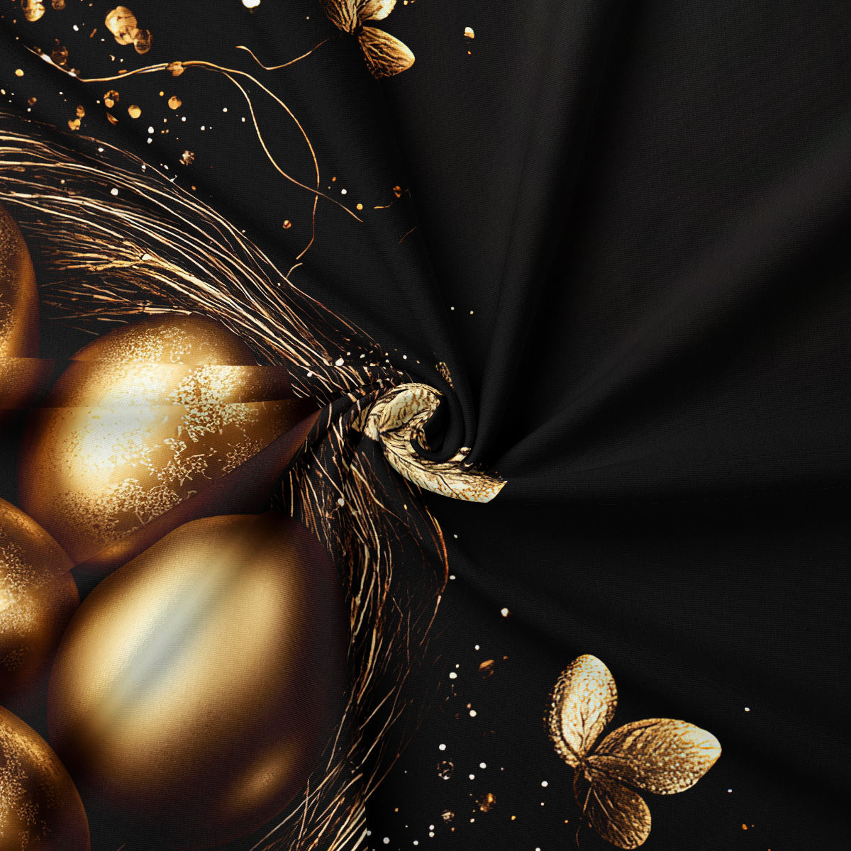 zbliżenie na nadruk z metalicznymi złotymi jajkami i delikatnymi liśćmi