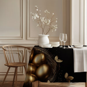 aranżacja stołu z czarnym obrusem, białą zastawą i wazonem z gałązkami