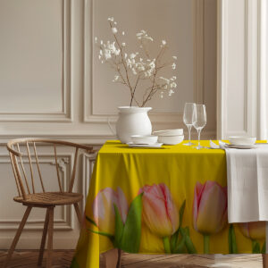 Widok narożnika stołu z obrusem i wyraźnym paskiem tulipanów oraz zielonymi liśćmi