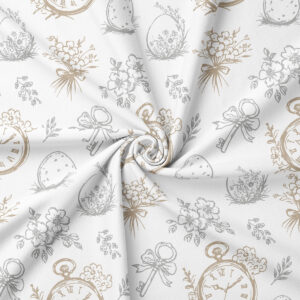 zbliżenie na tkaninę z kremowo-beżowymi i szarymi szkicami pisanek, zegarków i bukietów