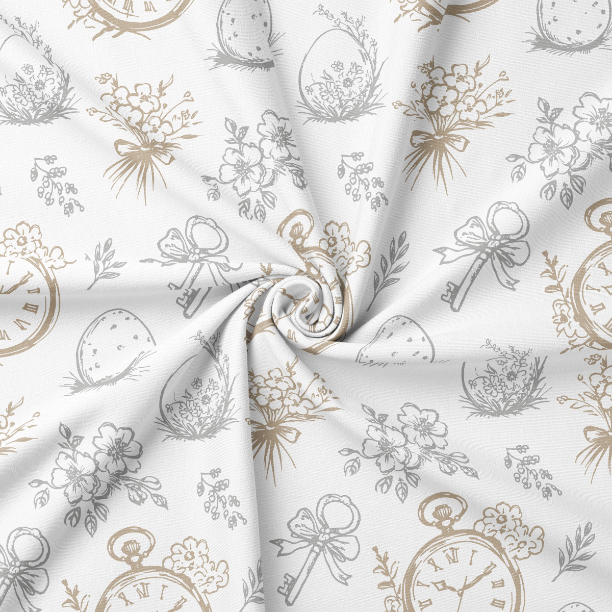 zbliżenie na tkaninę z kremowo-beżowymi i szarymi szkicami pisanek, zegarków i bukietów