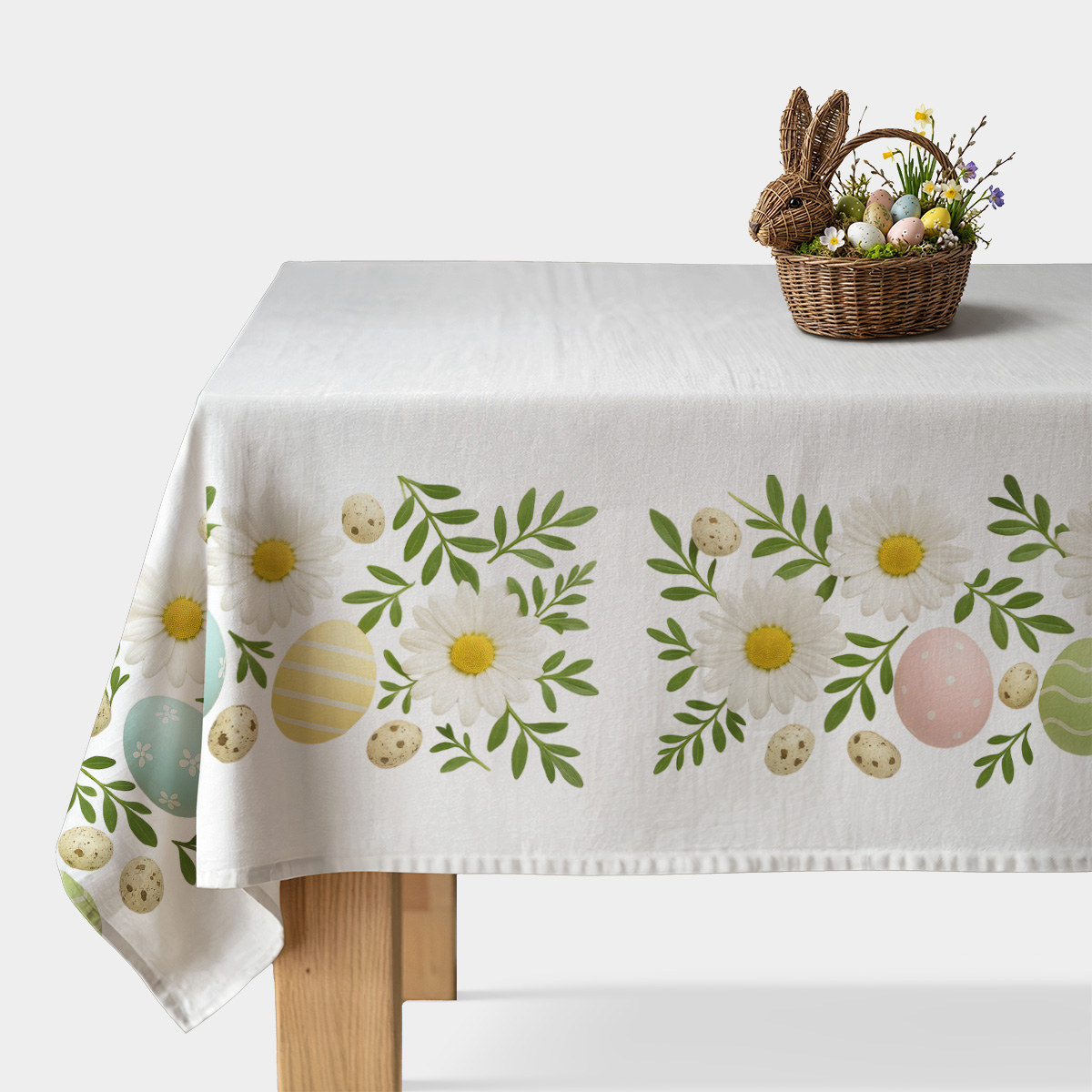 obrus z motywem stokrotek i pastelowych pisanek, widok główny