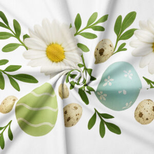 detal nadruku z stokrotką, zielonymi gałązkami i pastelowymi pisankami