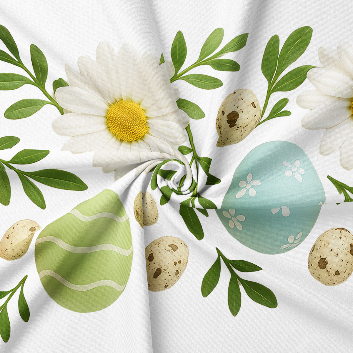 detal nadruku z stokrotką, zielonymi gałązkami i pastelowymi pisankami