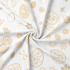 zbliżenie wzoru obrusu z ozdobnymi, zawijasowymi jajkami i drobnymi kwiatami