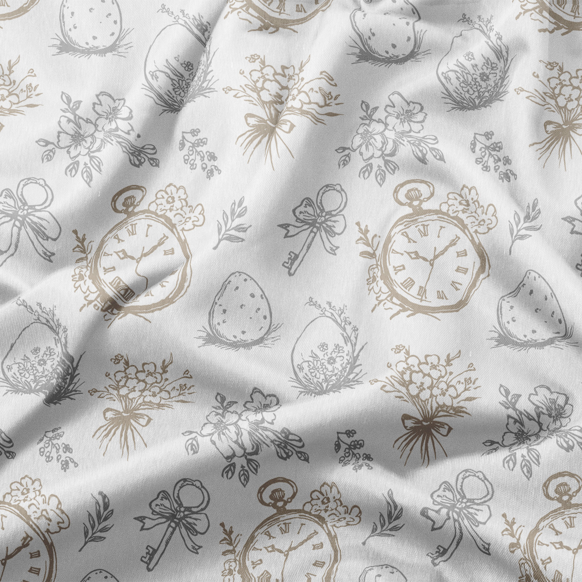 zbliżenie na rysunkowy wzór z kieszonkowym zegarkiem, pisankami i kokardami