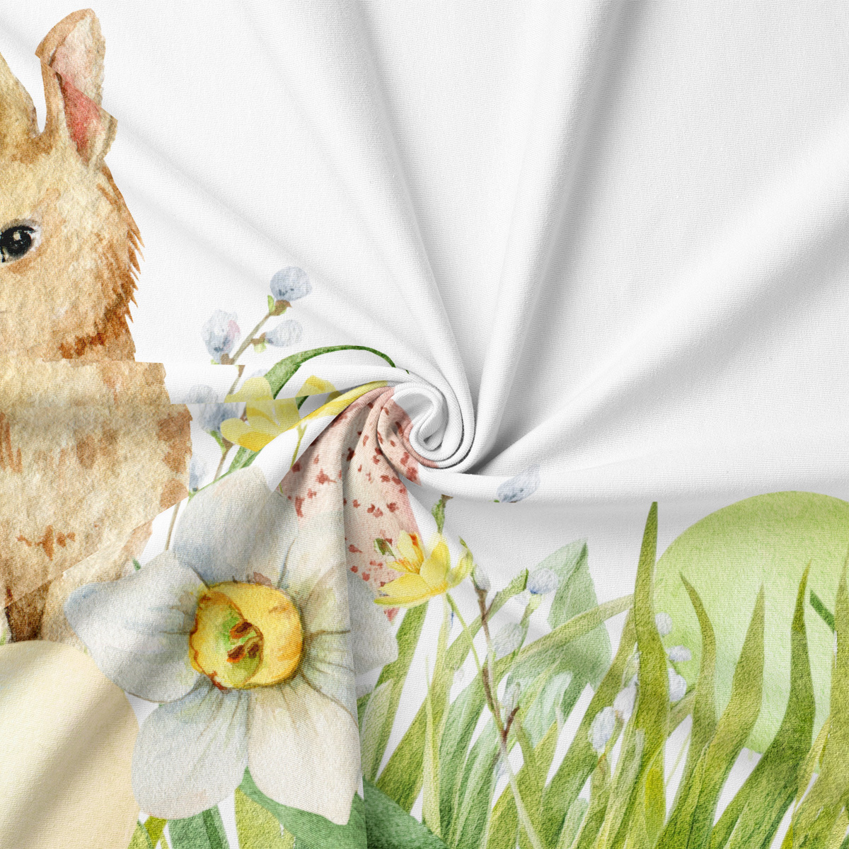 Zbliżenie na akwarelowy nadruk narcyza, jajka i trawy na tkaninie