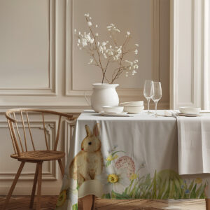 Widok obrusu w jadalni z krzesłem i wazonem, podkreślający spokojną, świąteczną stylizację