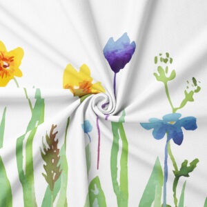 Zbliżenie na akwarelowy nadruk z żółtymi i fioletowymi kwiatami