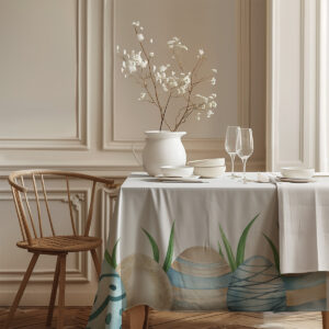 Widok na róg stołu z motywem pisanek w pastelowych odcieniach i naturalnym wykończeniem