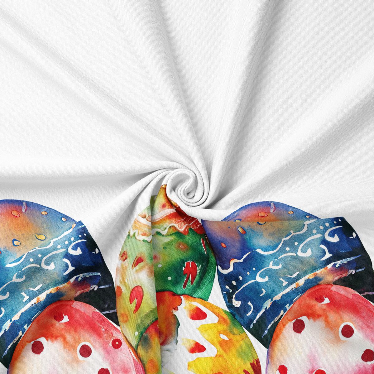 zbliżenie na nadruk akwarelowych pisanek pokazujące fakturę tkaniny i nasycone kolory