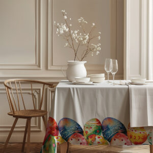 elegancka jadalnia z nakrytym stołem, obrus z kolorowymi pisankami przy krawędzi