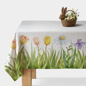 Obrus z akwarelowym motywem trawy, tulipanów i stokrotek na stole
