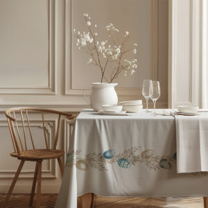 Widok stołu nakrytego obrusem z pisankami w pastelach w eleganckim wnętrzu z wazonem i zastawą