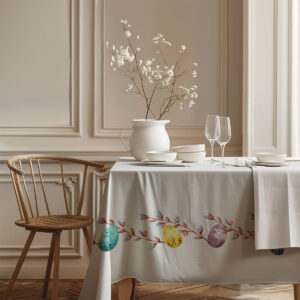 eleganckie wnętrze jadalni z nakrytym stołem, obrus z kolorowymi pisankami przy krawędzi