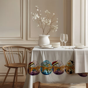 widok stołu w jasnym wnętrzu z obrusem ozdobionym paskiem pisanek, przy nim plecione krzesło i subtelne nakrycie