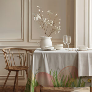 Róg stołu z widocznym brzegiem obrusu i detalem żonkila oraz pastelowych pisanek