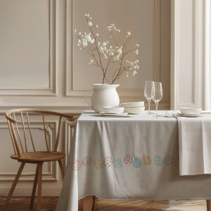 widok wnętrza z obrusm ozdobionym kolorowym pasem pisanek i krzesłem przy stole