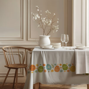 narożnik stołu z powtarzającym się paskiem pisanek i delikatnym wzorem kwiatowym