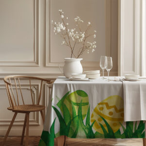 róg stołu z widocznym wzorem pisanek i zielonej trawy, detal przy krześle