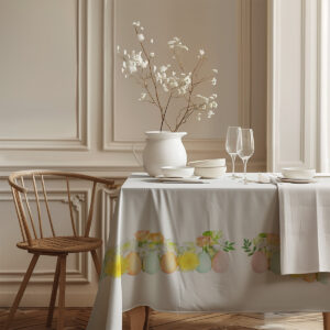 Detal rogu obrusa pokazujący powtarzalny wzór pastelowych jajek i kwiatów