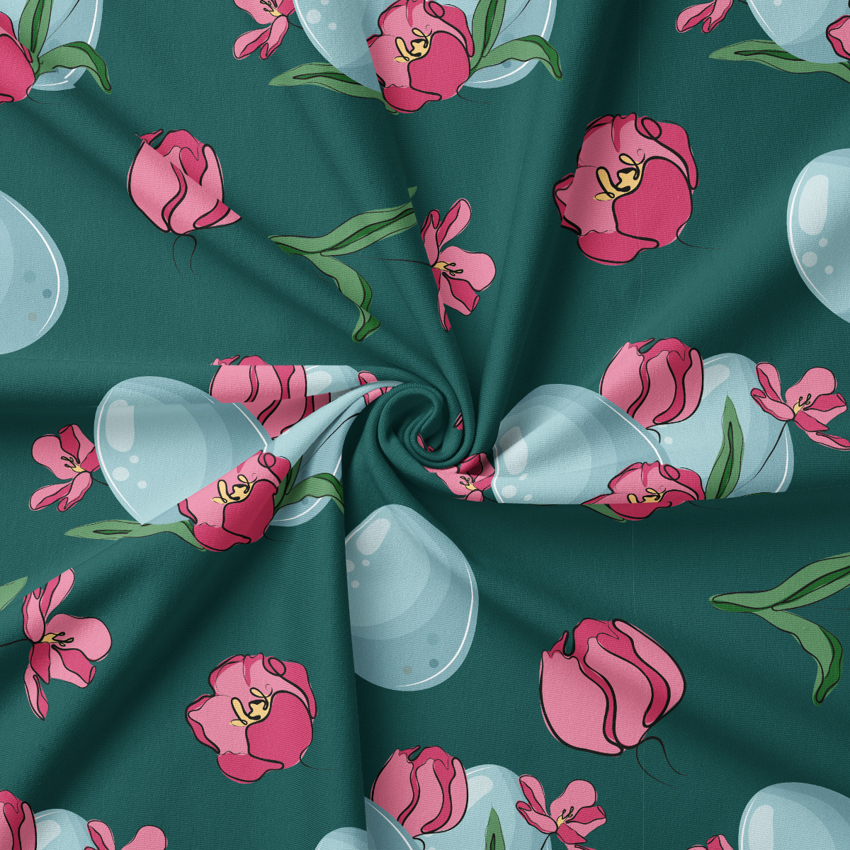 Zbliżenie na wzór z pisankami i tulipanami ukazujące rysunkowe detale i odblaski jajek