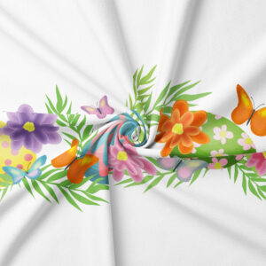 Zbliżenie na nadruk z pastelowymi jajkami, pomarańczowymi i fioletowymi kwiatami oraz zielonymi liśćmi