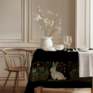 Detale rogu obrusu z widocznym wzorem koszyków i zajączków w kontekście krzesła i podłogi