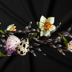 Zbliżenie na detal wzoru: żonkil i nakrapiana pisanka na ciemnym tle