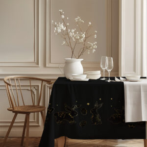 Widok narożnika obrusu z powtarzalnym motywem zajączków i gwiazdek