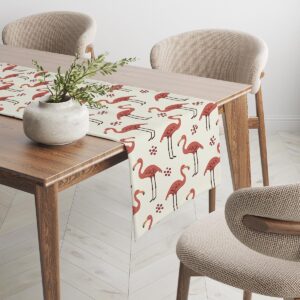 Widok krawędzi bieżnika z motywem flamingów na kremowym tle