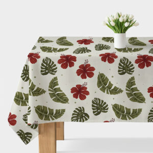 Obrus z motywem czerwonych hibiskusów i zielonych liści na kremowym tle, ujęcie główne